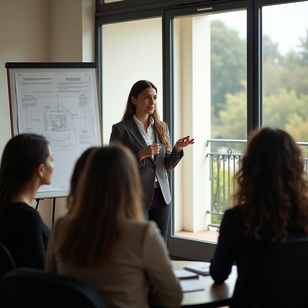 Formator prezentând un exercițiu de comunicare unui grup de participanți într-o sală luminoasă